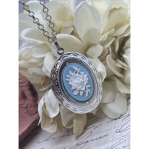 BLUE Rose White Mothers Day Cameo Locket Silver Easter Daughter Gift Wedding